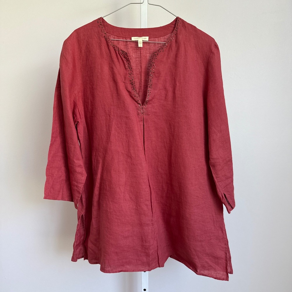 Eileen Fisher Linen Boho Coastal Sequin Relaxed Tunic‎ Top M Coral Red